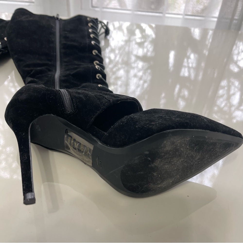 SHOE REPUBLIC LA boots BLACK lace up open front tall knee high velvet boot 8.5 - Picture 2 of 8